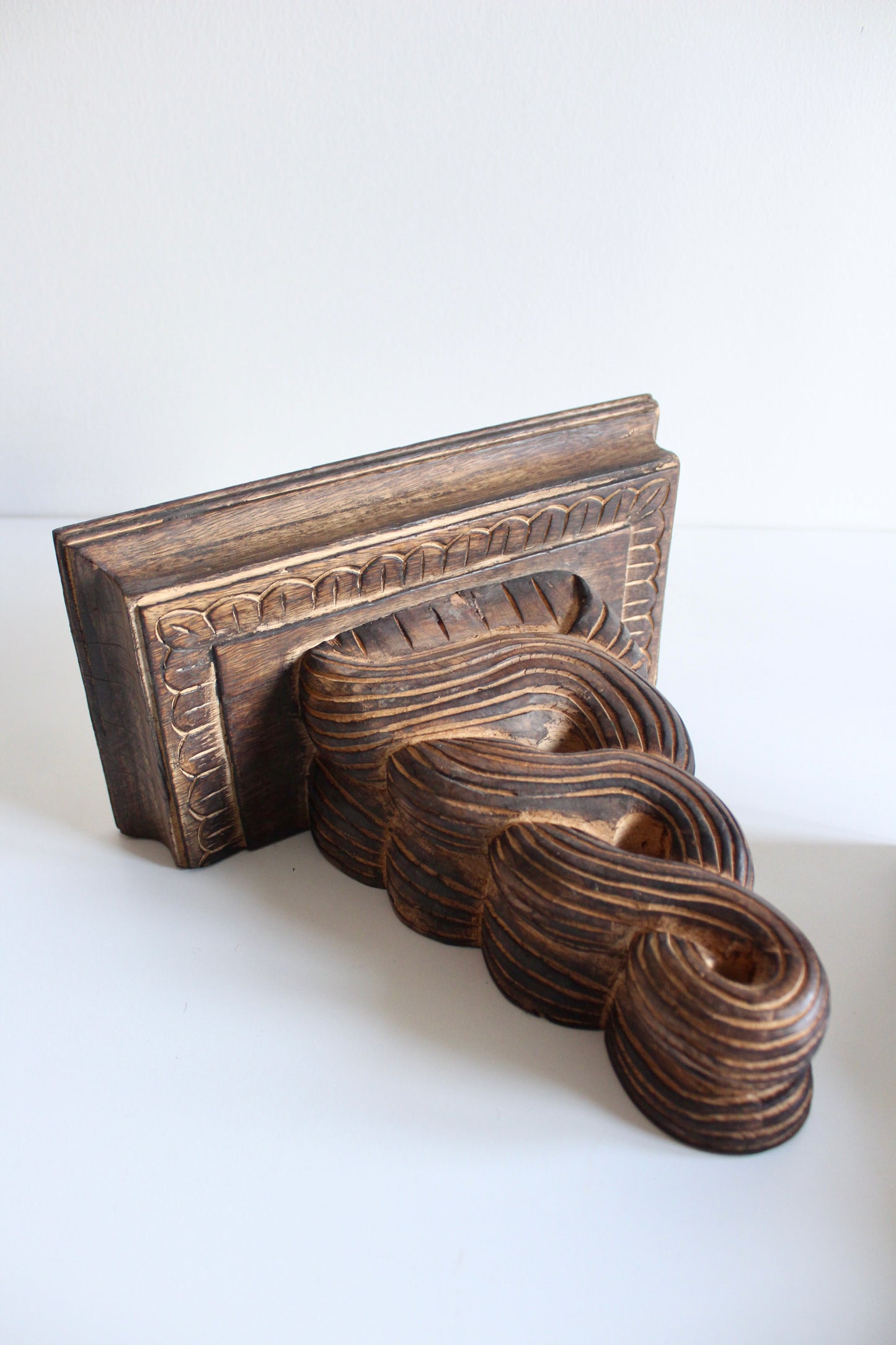Pair of Vintage Hand-Carved Wooden Wall Bracket Shelves