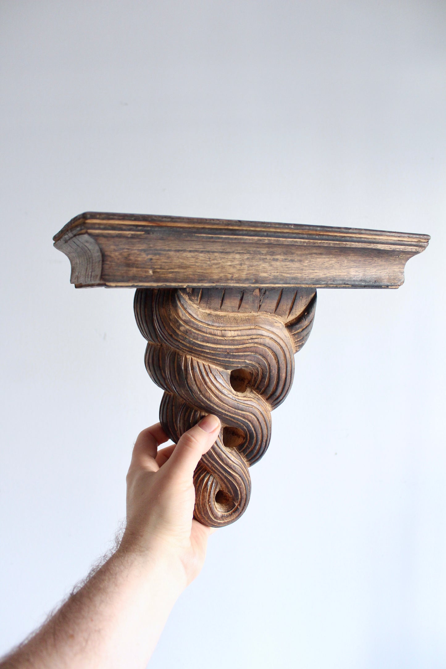 Pair of Vintage Hand-Carved Wooden Wall Bracket Shelves