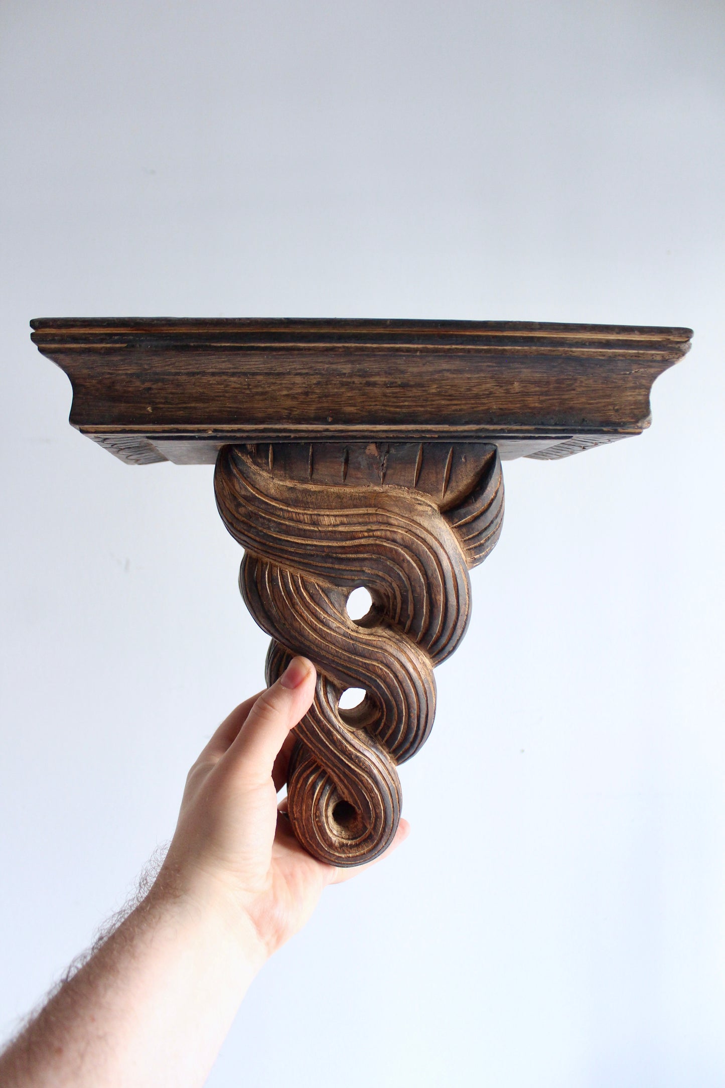 Pair of Vintage Hand-Carved Wooden Wall Bracket Shelves