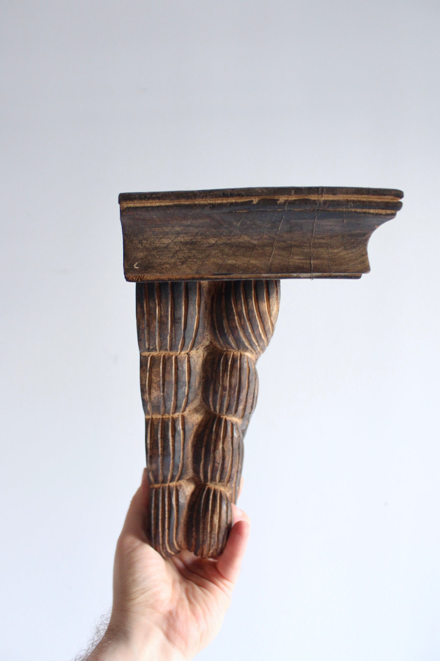 Pair of Vintage Hand-Carved Wooden Wall Bracket Shelves