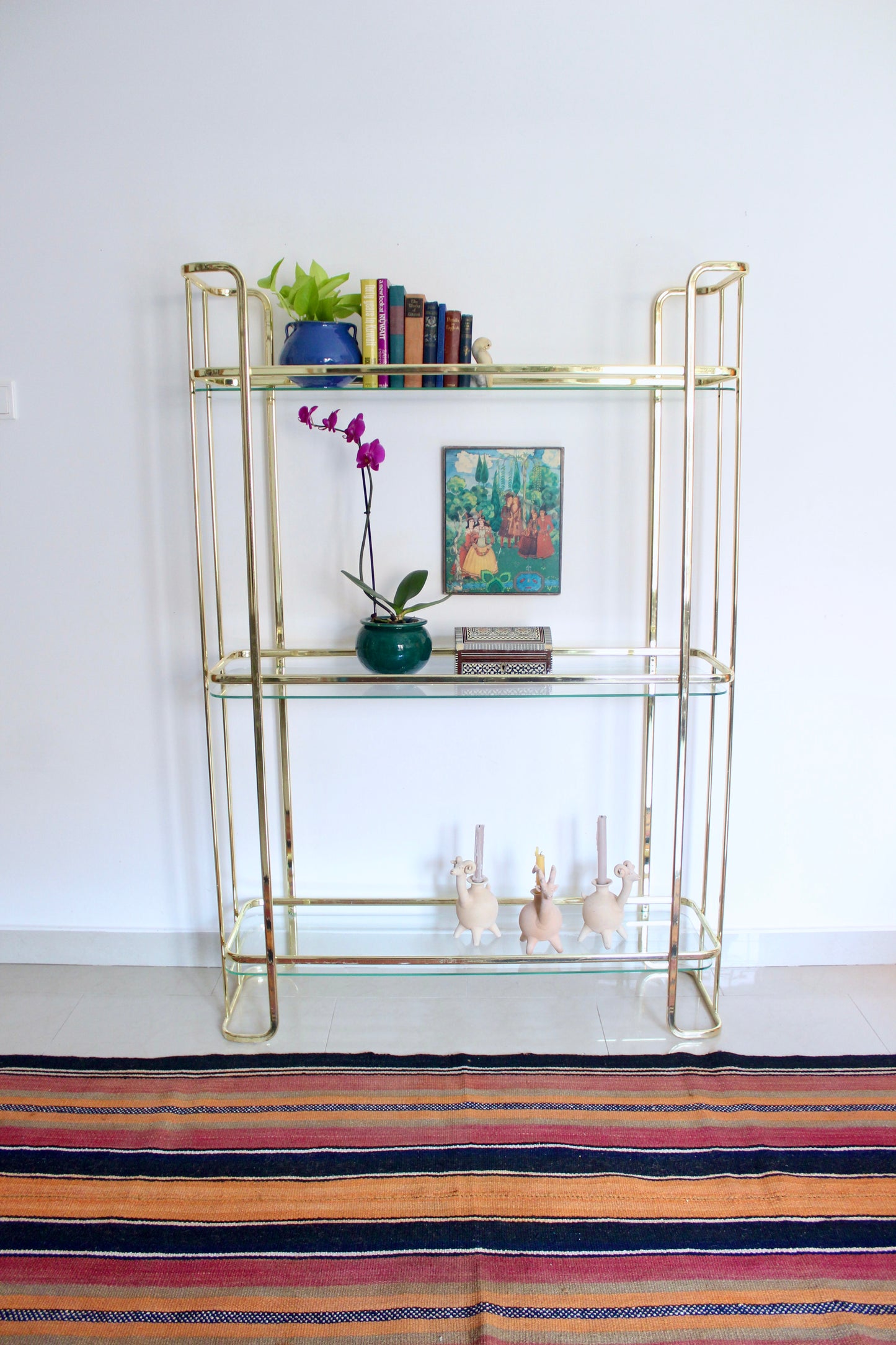 Vintage Brass-Plated and Glass Three-Tier Étagère
