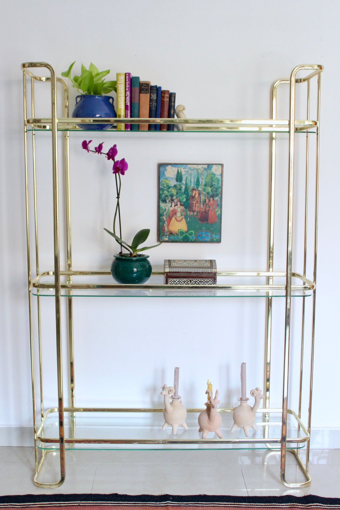 Vintage Brass-Plated and Glass Three-Tier Étagère
