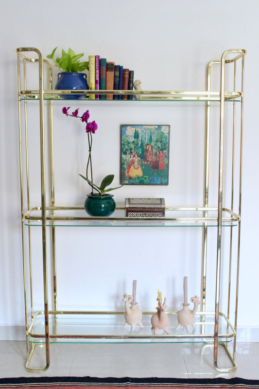 Vintage Brass-Plated and Glass Three-Tier Étagère