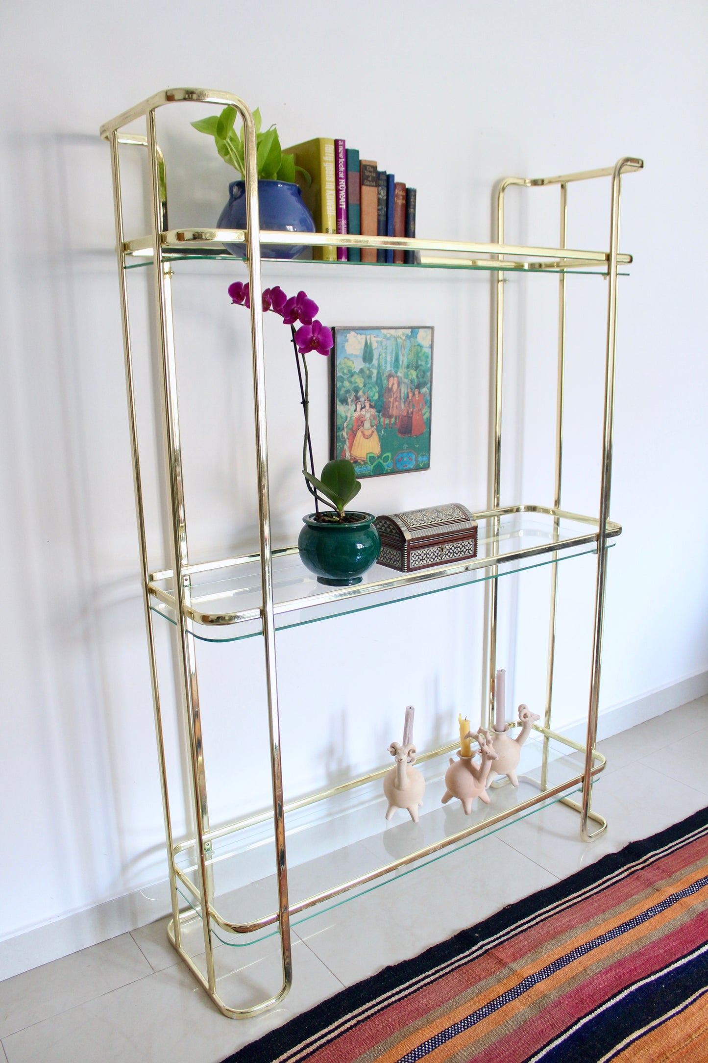 Vintage Brass-Plated and Glass Three-Tier Étagère