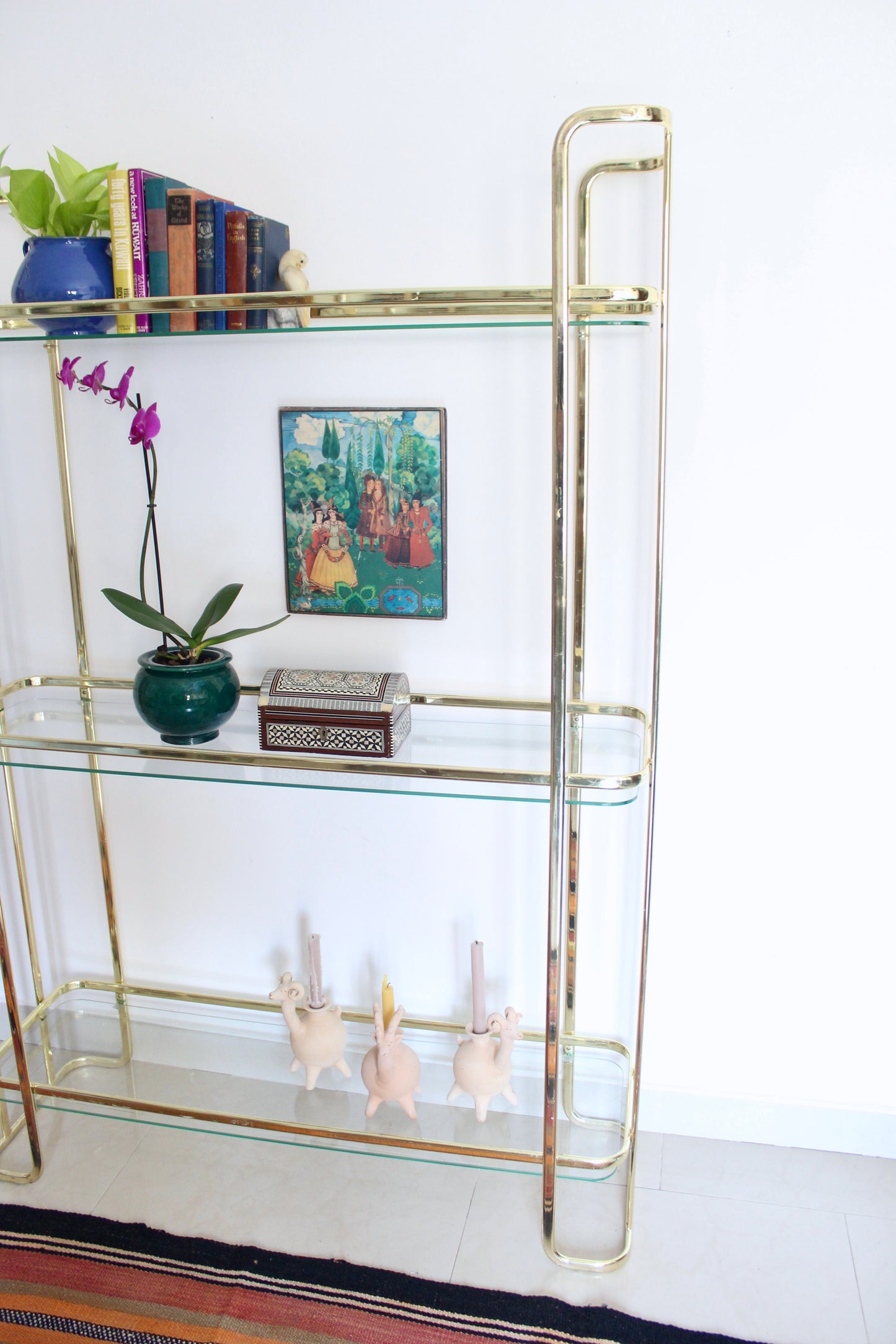 Vintage Brass-Plated and Glass Three-Tier Étagère
