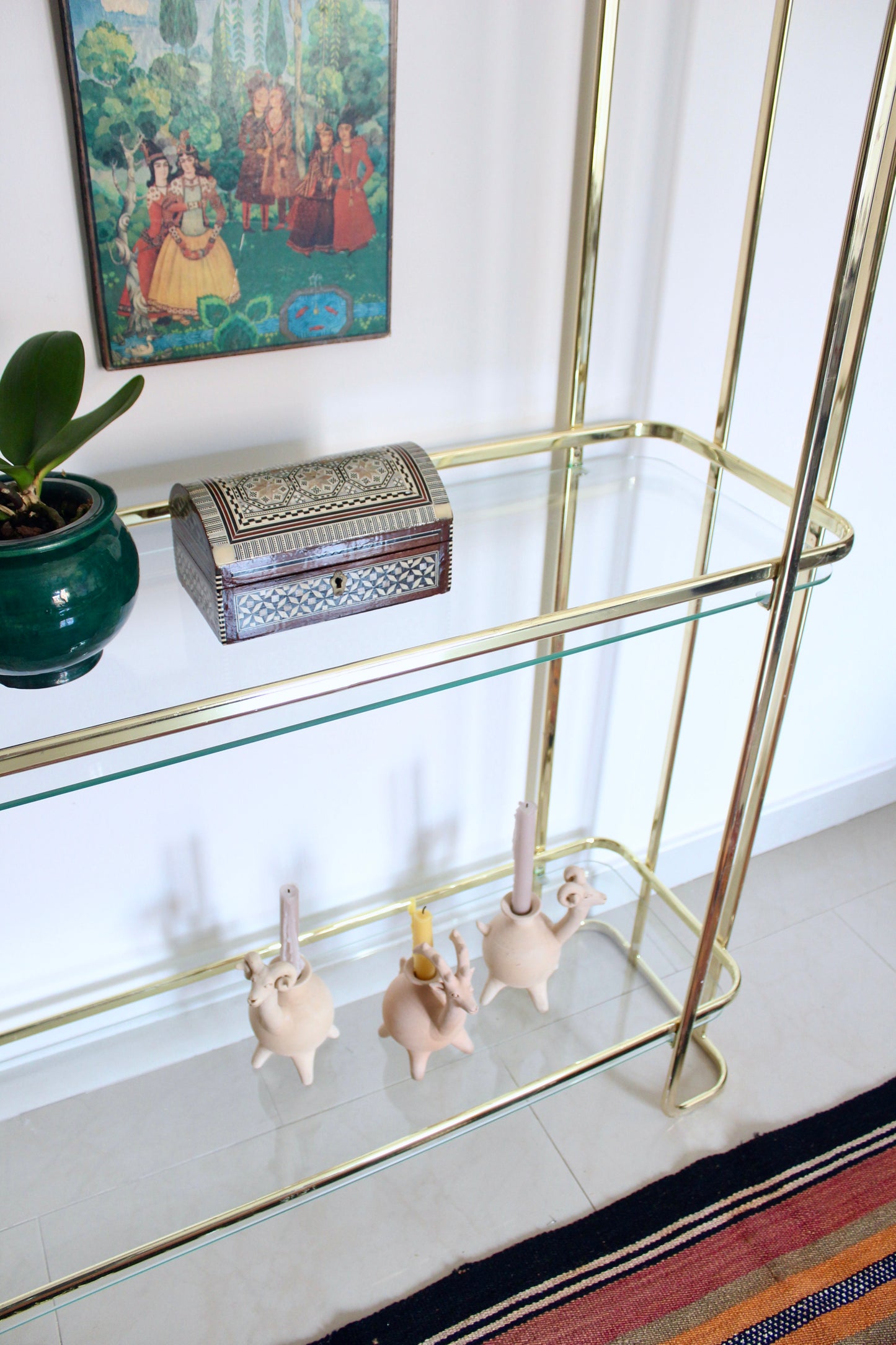 Vintage Brass-Plated and Glass Three-Tier Étagère