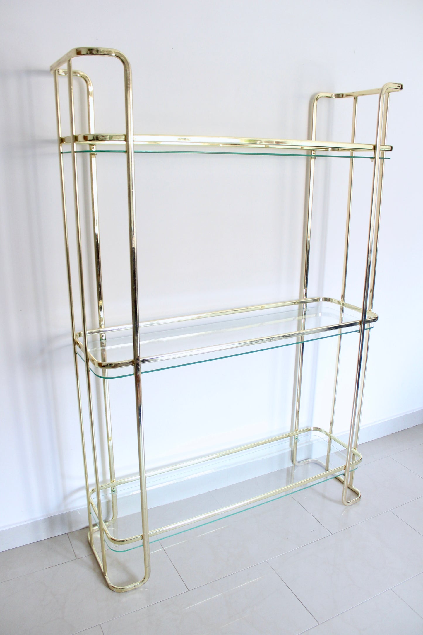 Vintage Brass-Plated and Glass Three-Tier Étagère