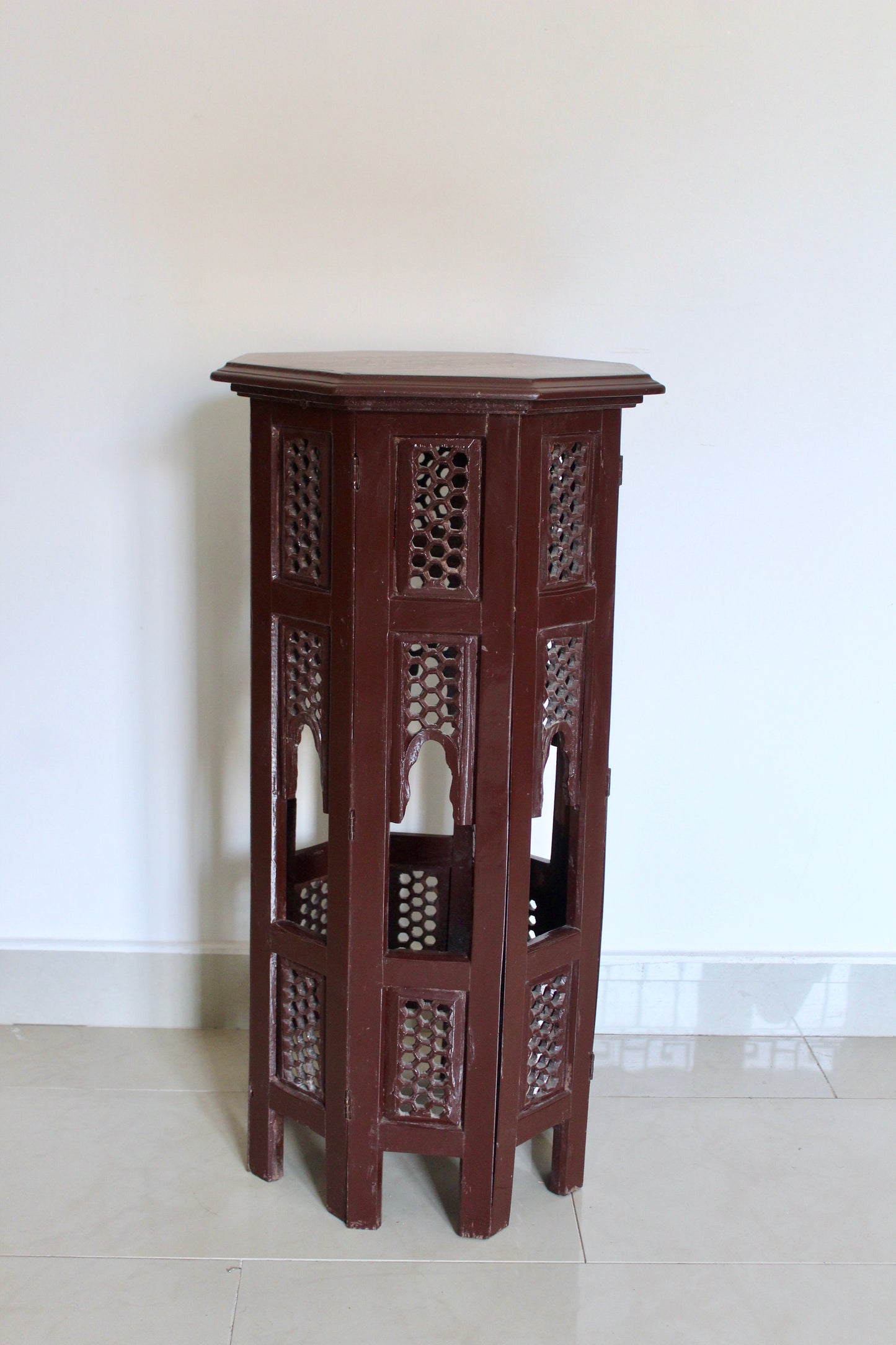 Vintage Octagonal Pierced-Wood Plant Stand with Brass Inlay