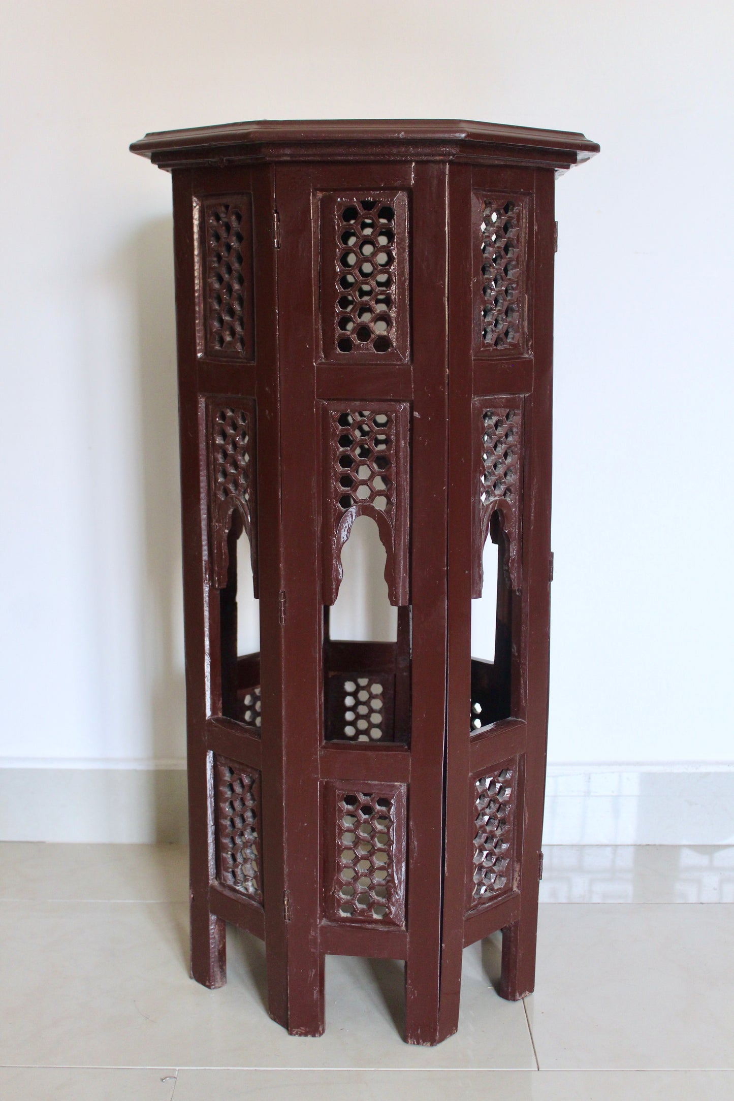 Vintage Octagonal Pierced-Wood Plant Stand with Brass Inlay