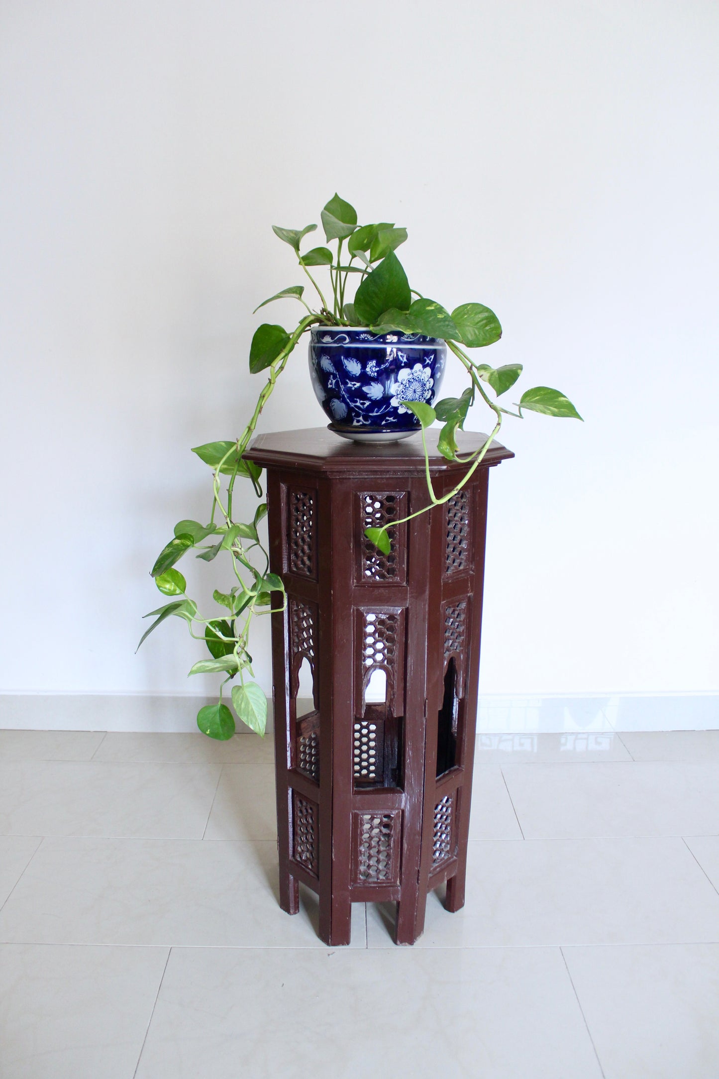 Vintage Octagonal Pierced-Wood Plant Stand with Brass Inlay