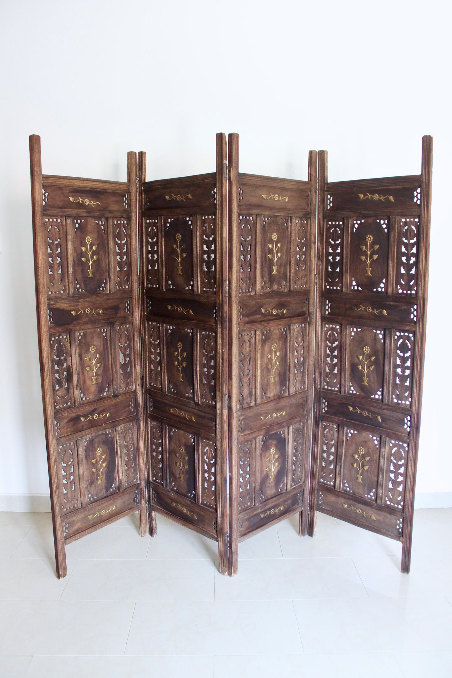 Vintage Indian Carved Wood Four-Panel Screen with Brass Detailing