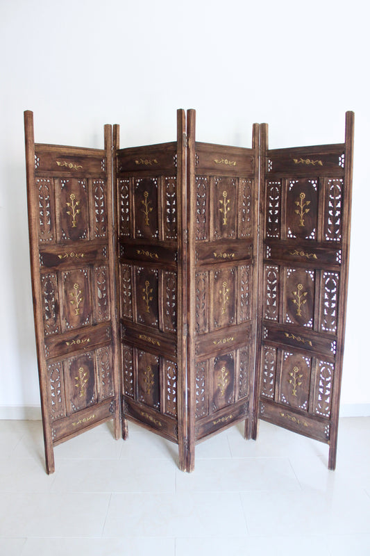 Vintage Indian Carved Wood Four-Panel Screen with Brass Detailing