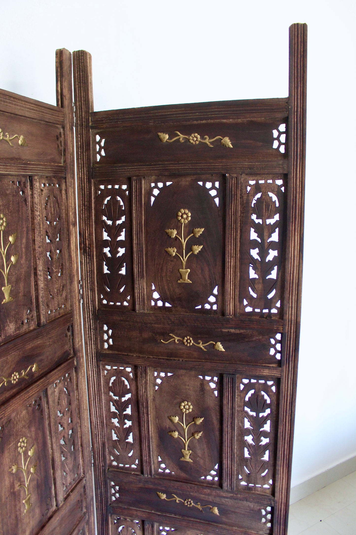 Vintage Indian Carved Wood Four-Panel Screen with Brass Detailing