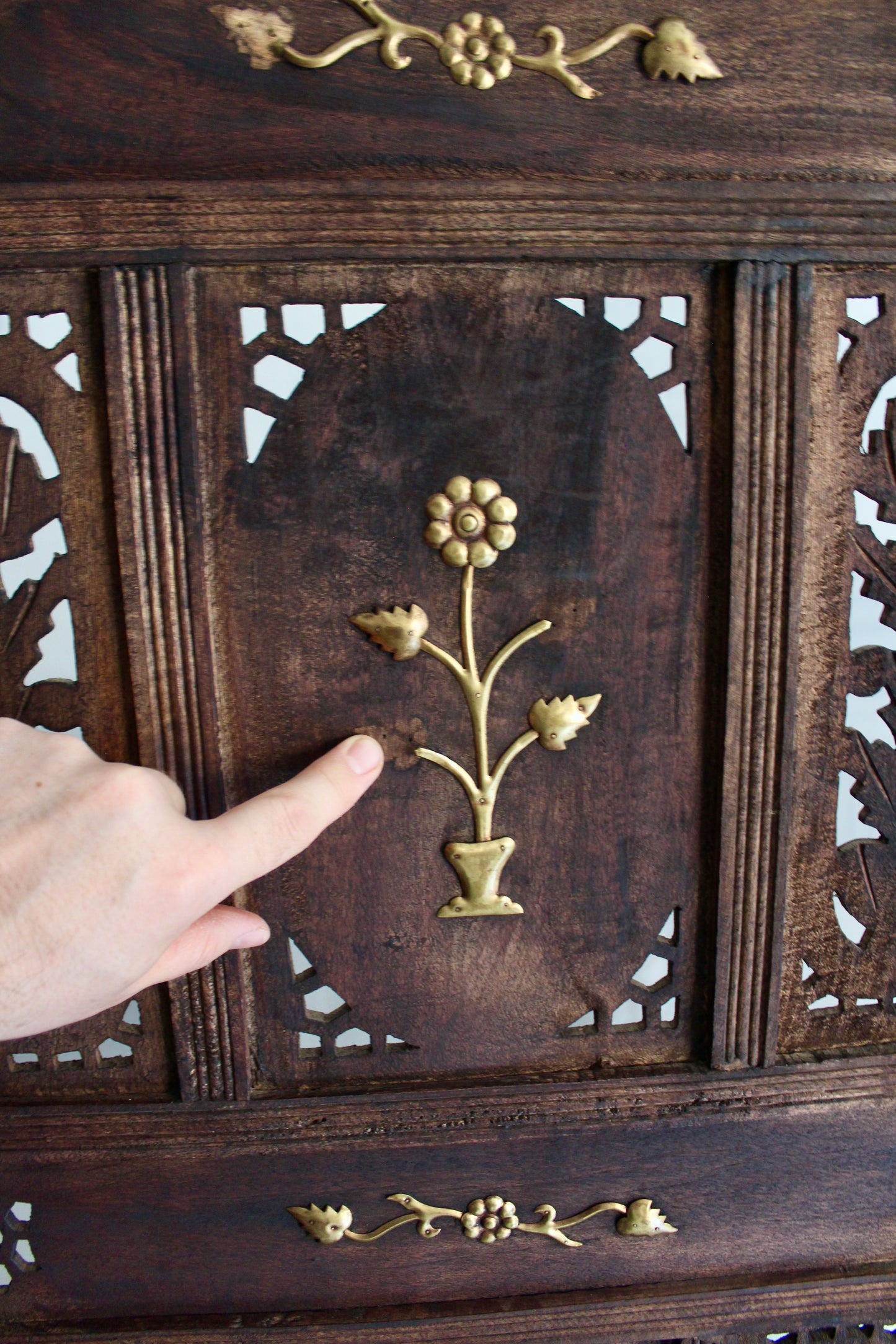 Vintage Indian Carved Wood Four-Panel Screen with Brass Detailing