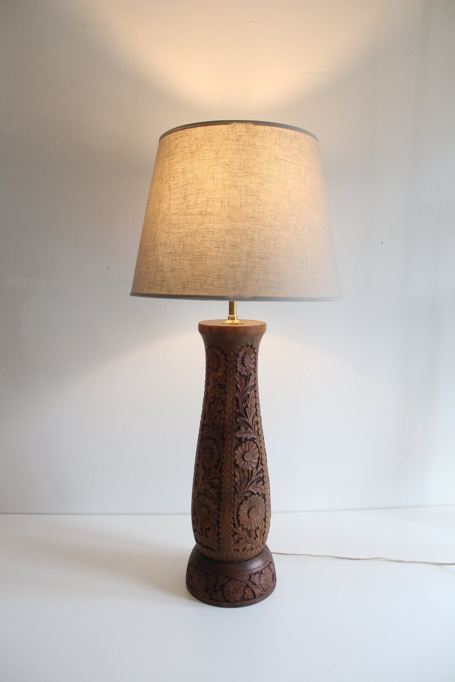 Vintage Hand-Carved Floral Wood Table Lamp with Shade