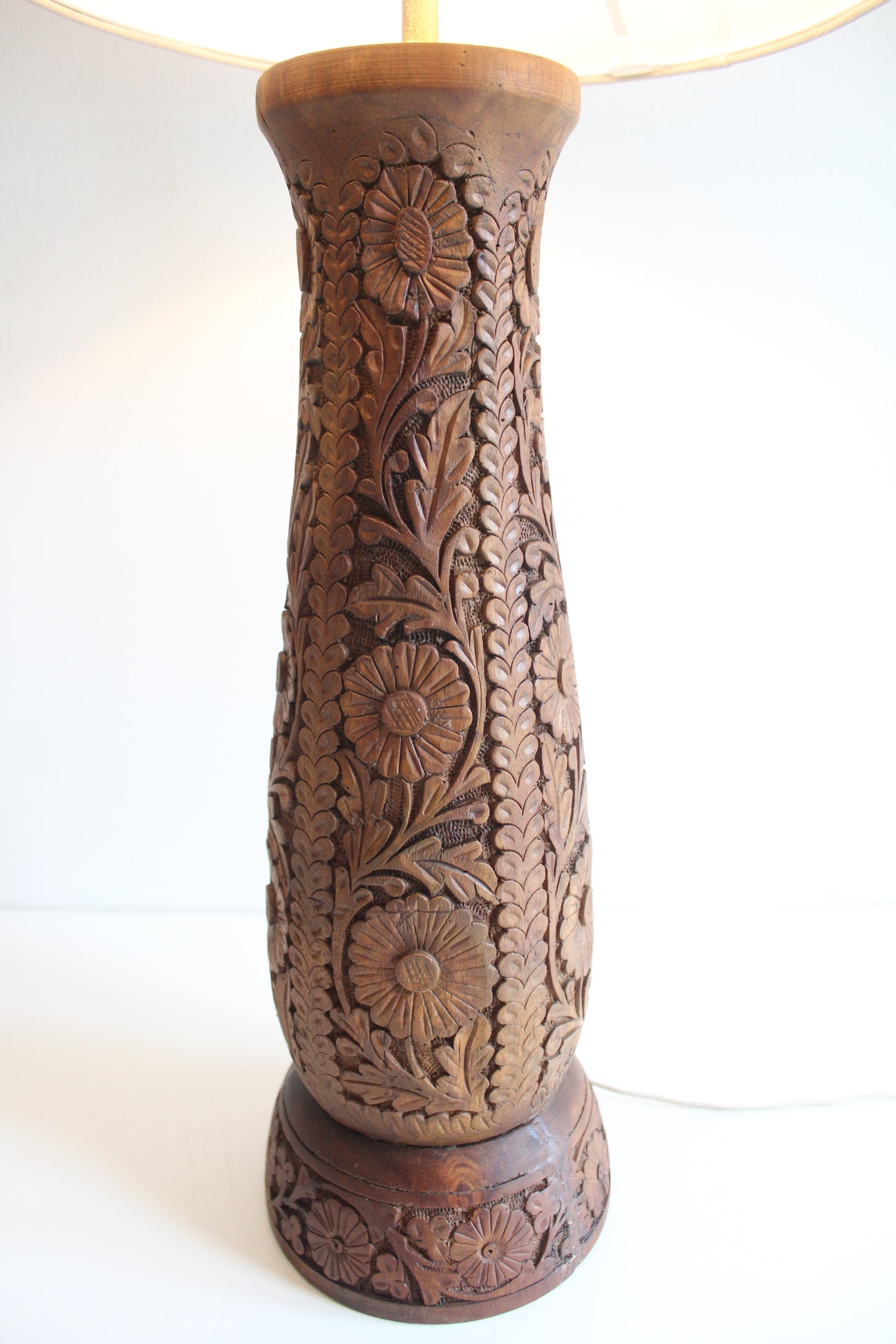 Vintage Hand-Carved Floral Wood Table Lamp with Shade