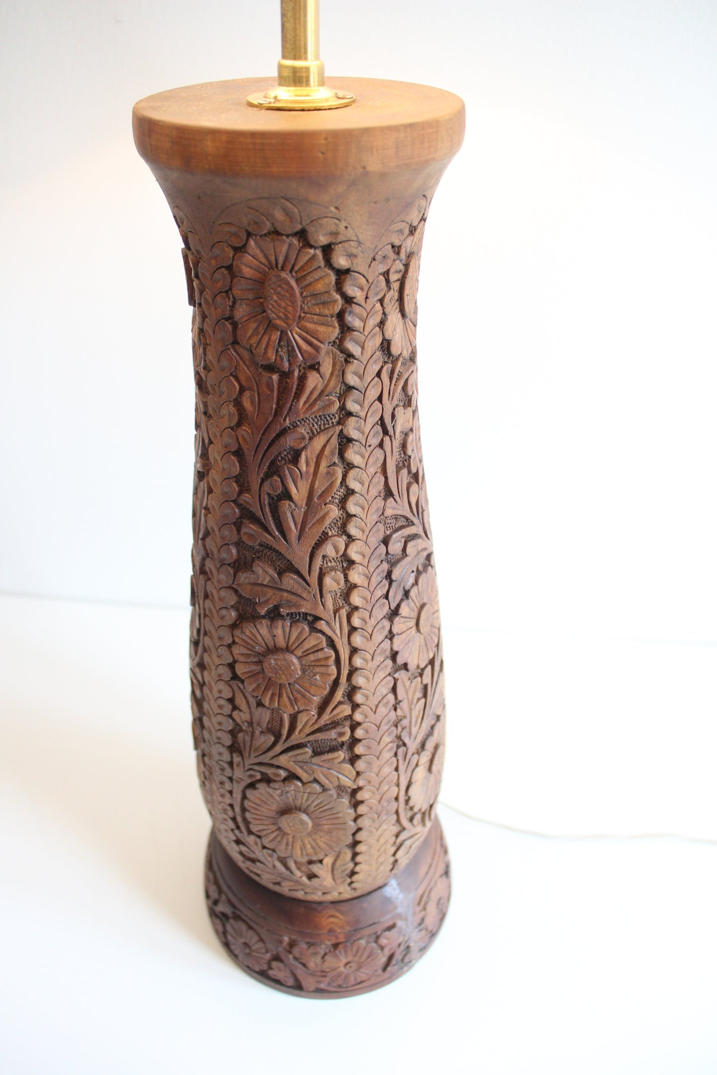 Vintage Hand-Carved Floral Wood Table Lamp with Shade