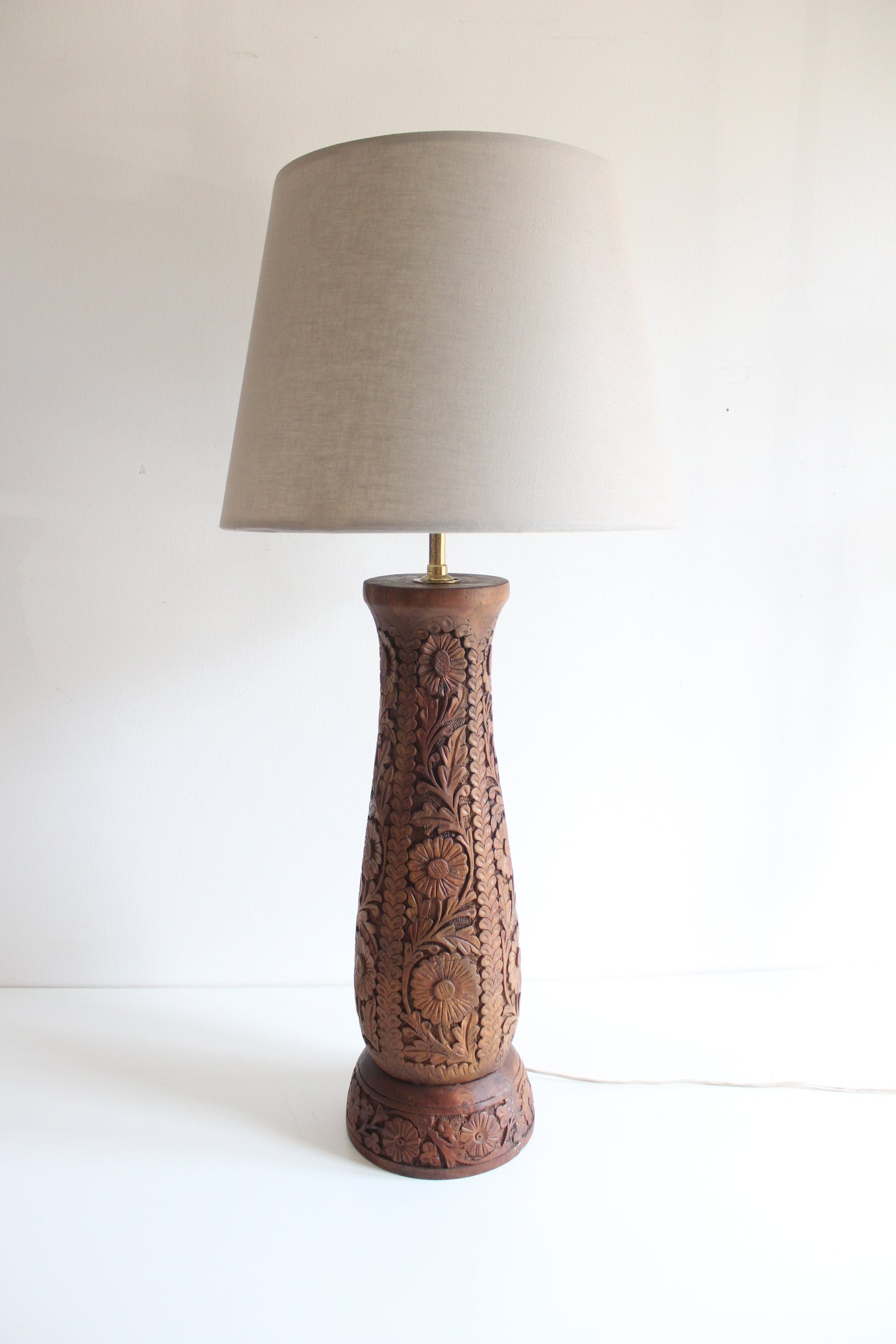 Vintage Hand-Carved Floral Wood Table Lamp with Shade