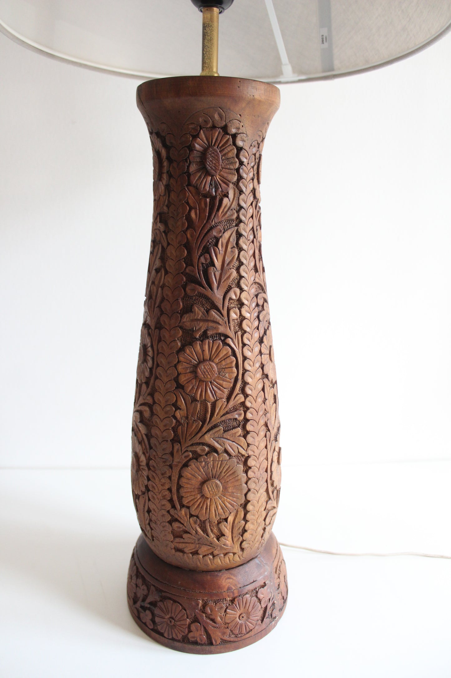 Vintage Hand-Carved Floral Wood Table Lamp with Shade