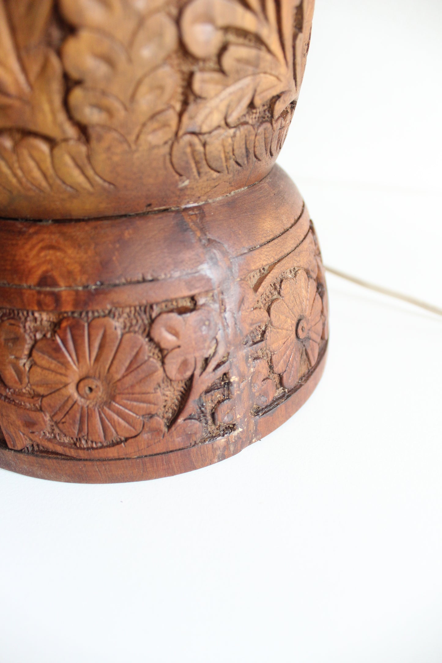 Vintage Hand-Carved Floral Wood Table Lamp with Shade