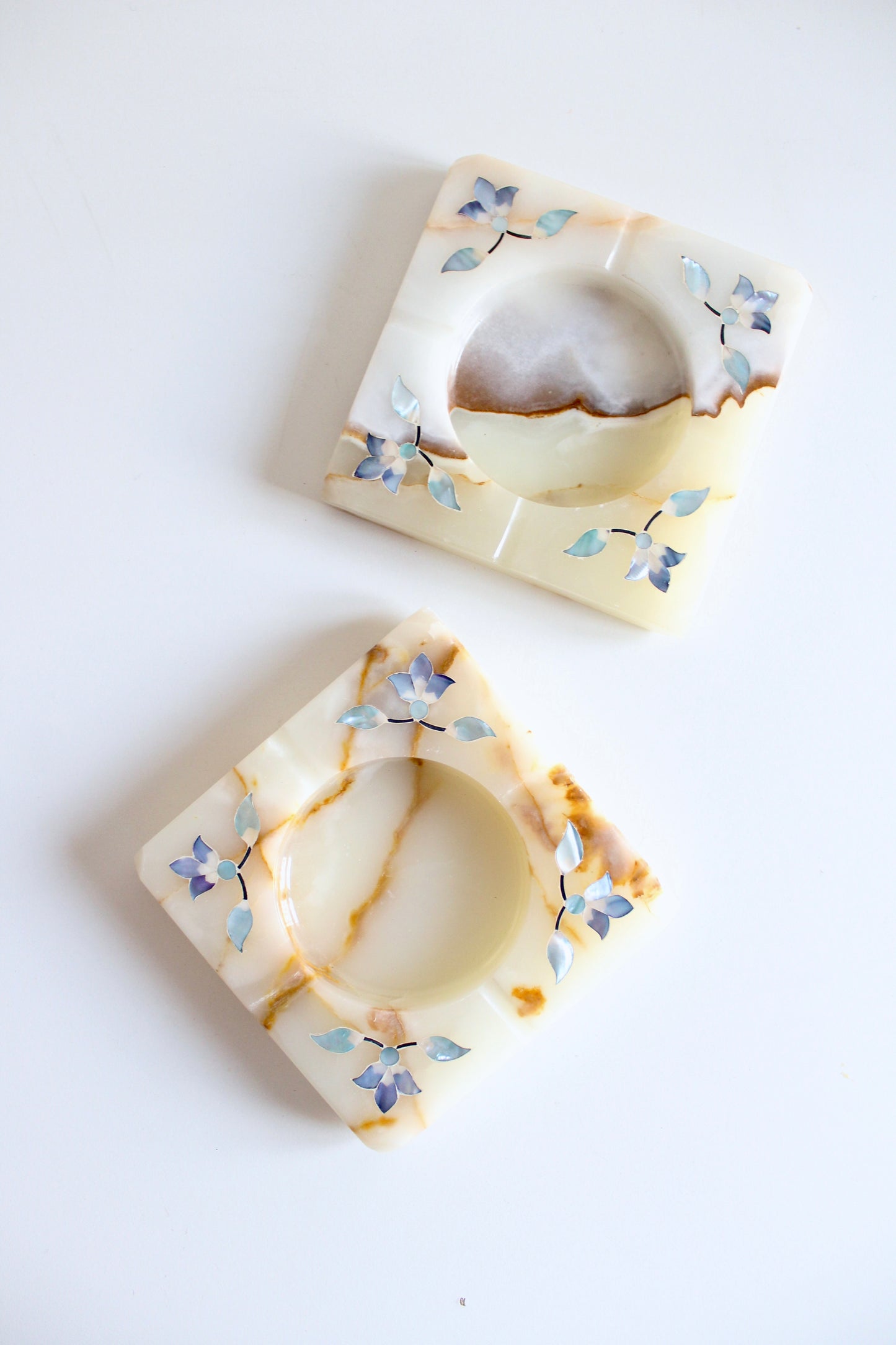 Pair of Vintage Natural Stone Ashtrays – Mother-of-Pearl Floral Inlay