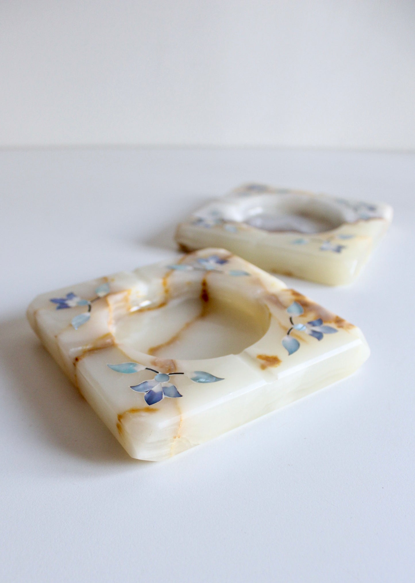 Pair of Vintage Natural Stone Ashtrays – Mother-of-Pearl Floral Inlay