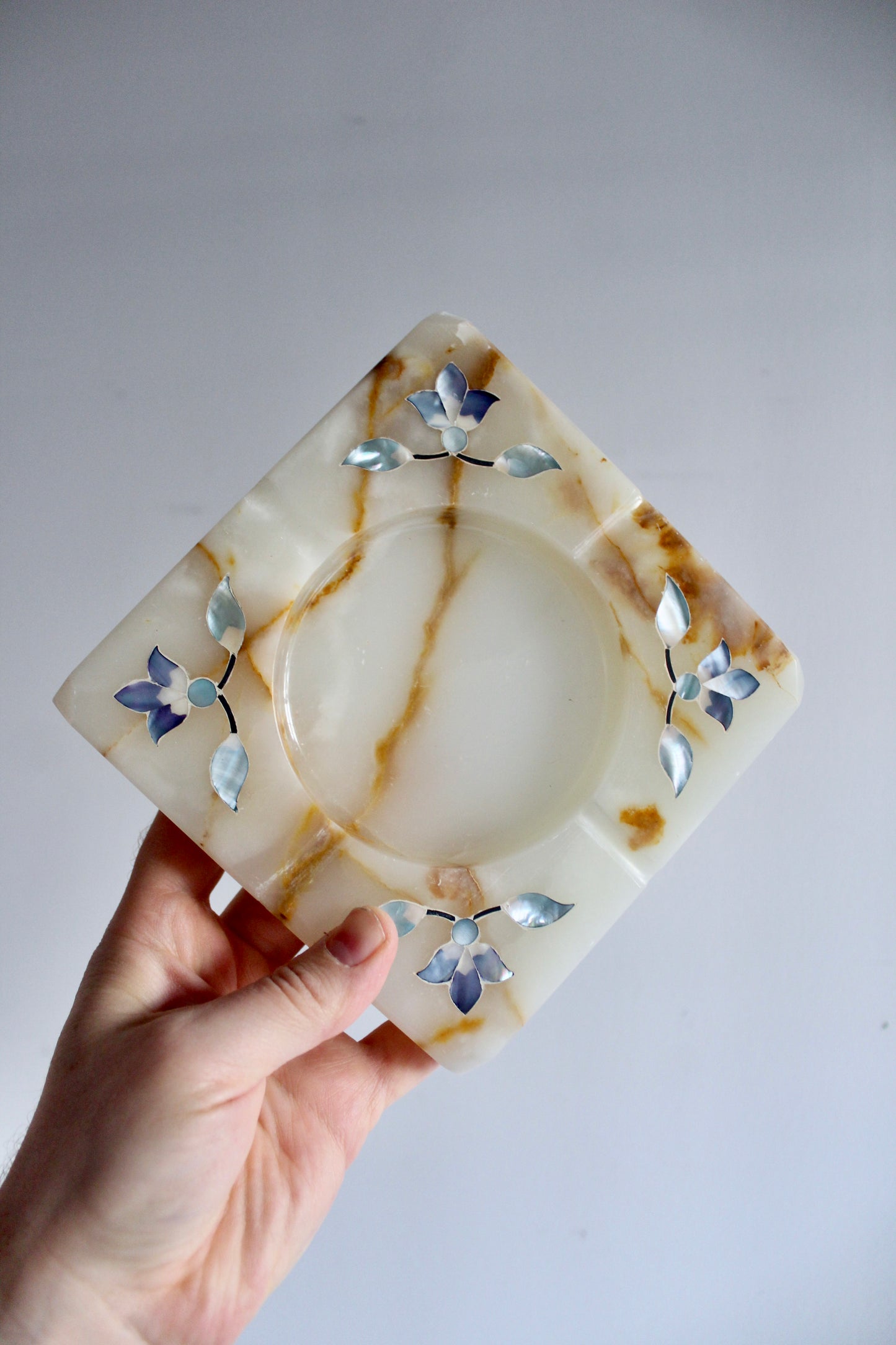 Pair of Vintage Natural Stone Ashtrays – Mother-of-Pearl Floral Inlay