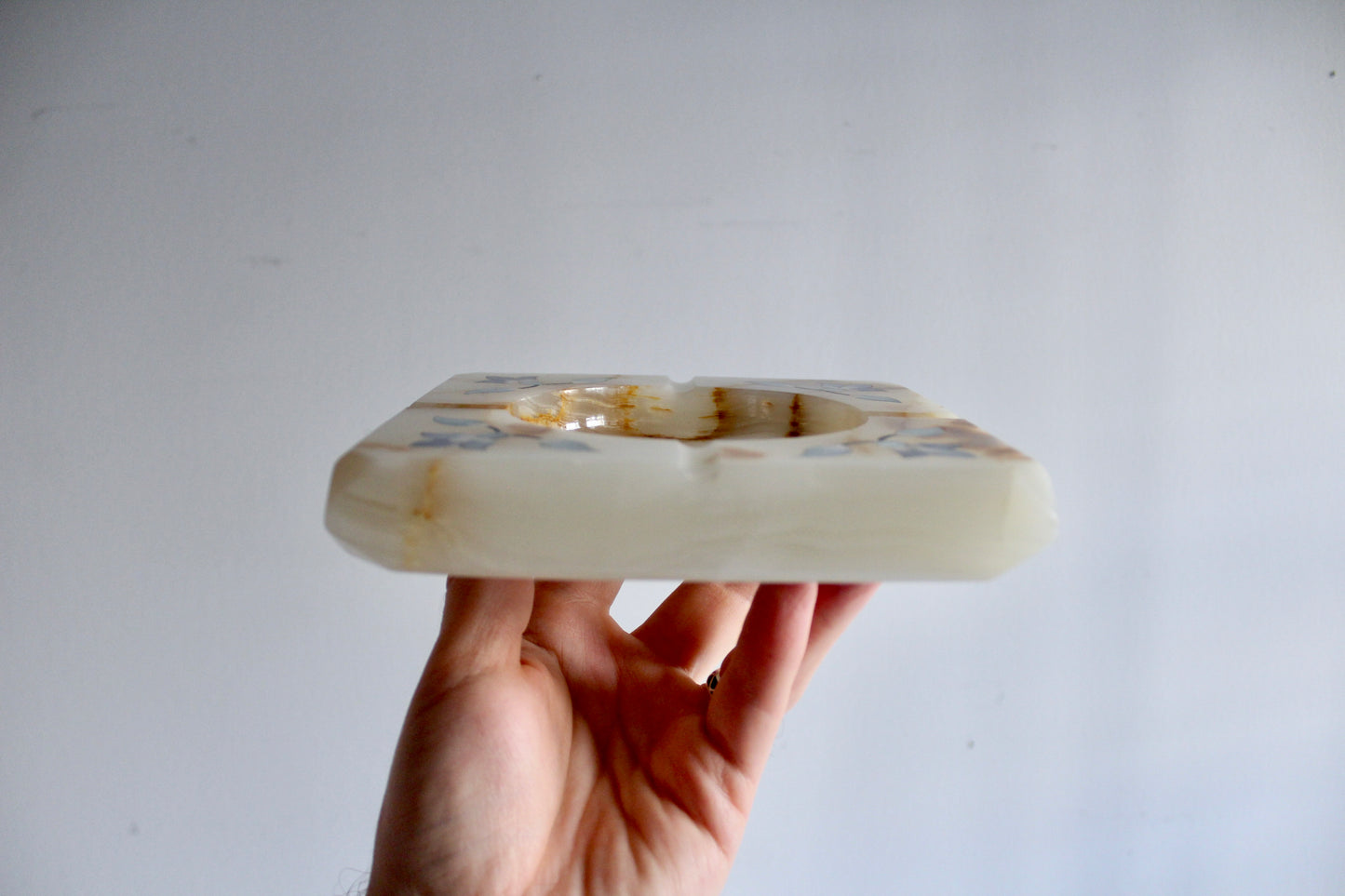 Pair of Vintage Natural Stone Ashtrays – Mother-of-Pearl Floral Inlay