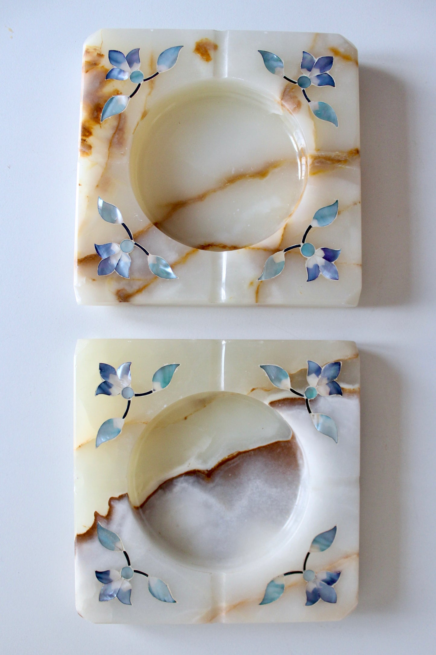 Pair of Vintage Natural Stone Ashtrays – Mother-of-Pearl Floral Inlay