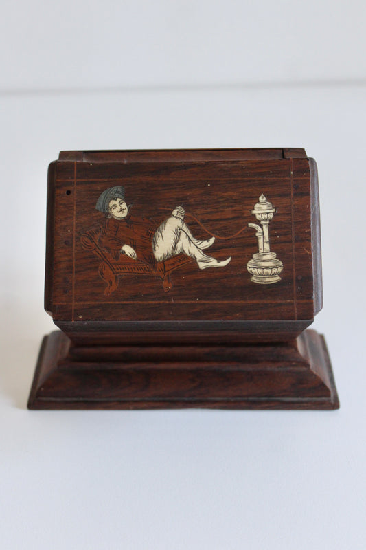 Vintage 1940s Indian Rosewood & Bone Inlay Mechanical Cigarette Dispenser – Hookah & Elephant Scenes