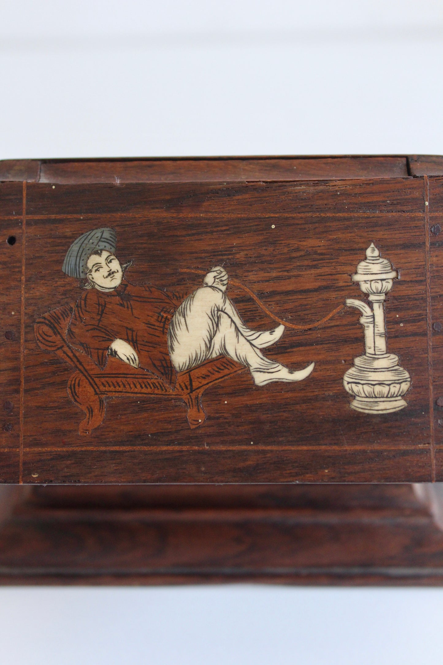 Vintage 1940s Indian Rosewood & Bone Inlay Mechanical Cigarette Dispenser – Hookah & Elephant Scenes