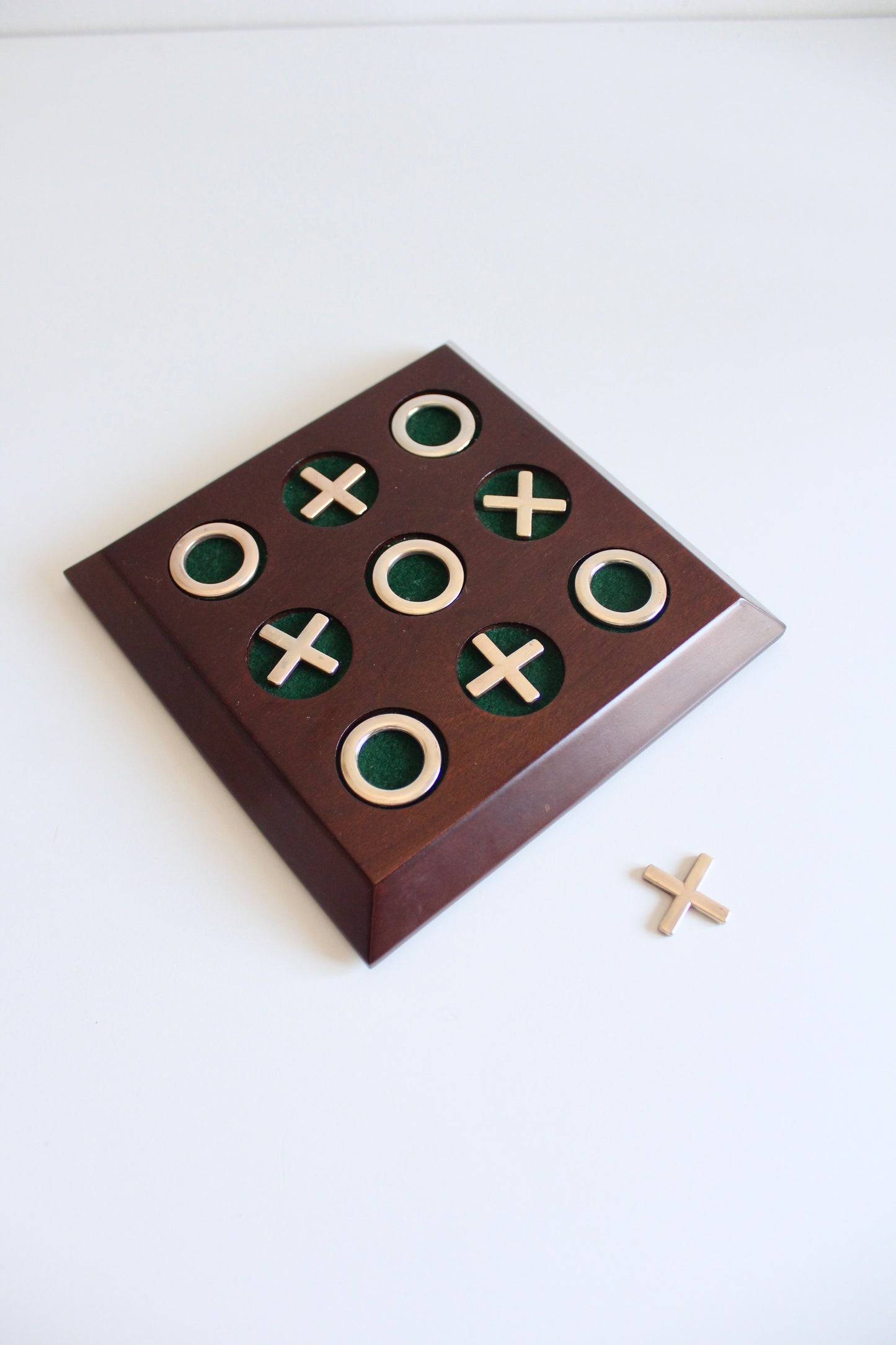 Vintage WKK Taiwan Wooden Tic-Tac-Toe Game with Solid Brass X & O Pieces, c. 1980s