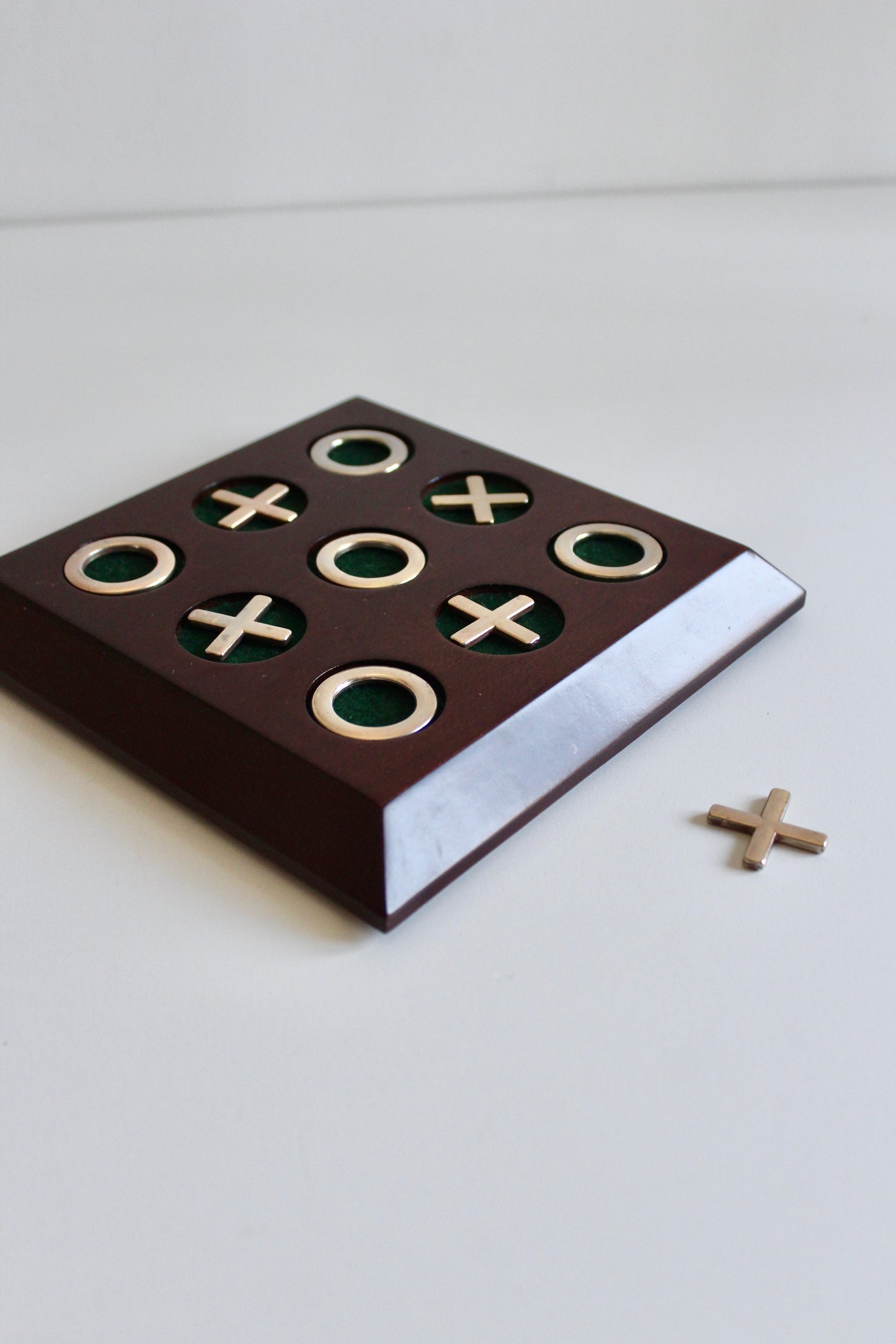 Vintage WKK Taiwan Wooden Tic-Tac-Toe Game with Solid Brass X & O Pieces, c. 1980s