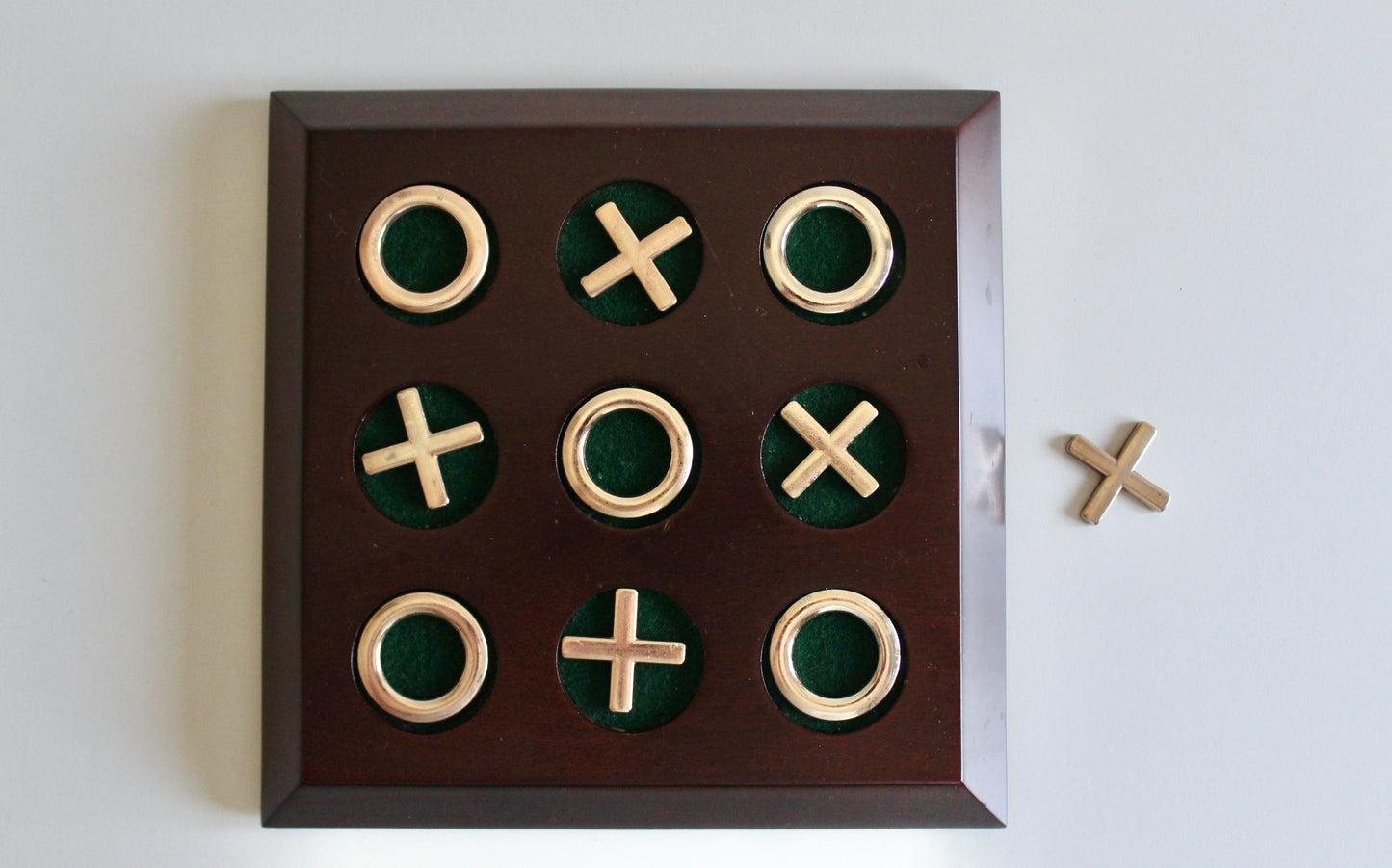 Vintage WKK Taiwan Wooden Tic-Tac-Toe Game with Solid Brass X & O Pieces, c. 1980s