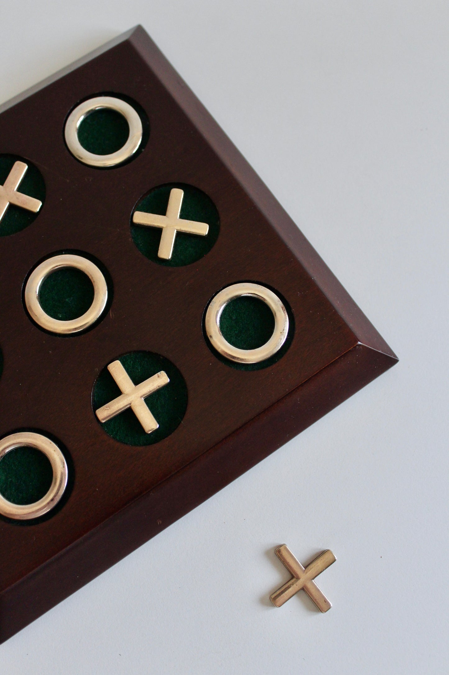 Vintage WKK Taiwan Wooden Tic-Tac-Toe Game with Solid Brass X & O Pieces, c. 1980s