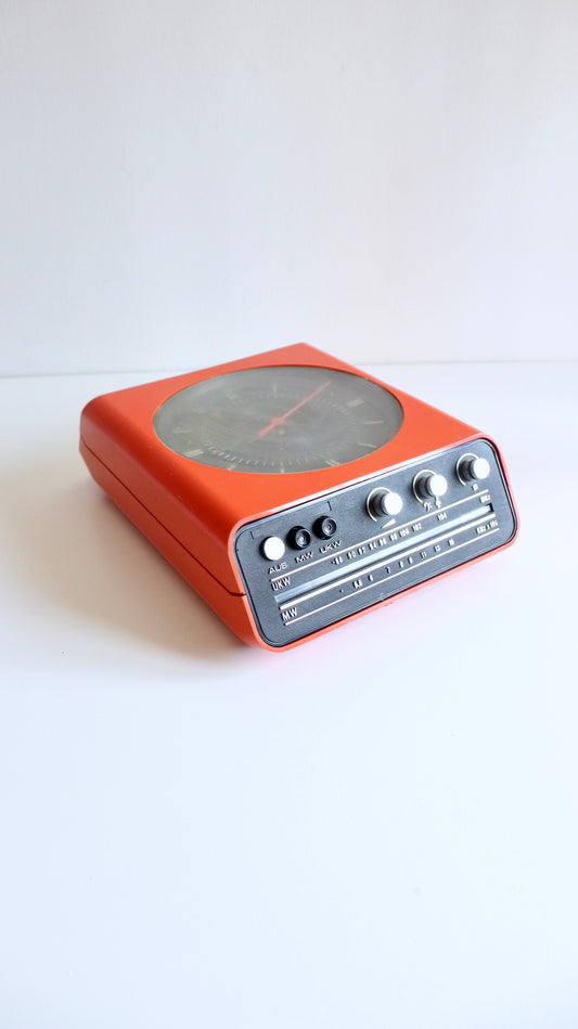 Vintage 1970s Orange Space Age Radio Alarm Clock – German Market, Analog Clock