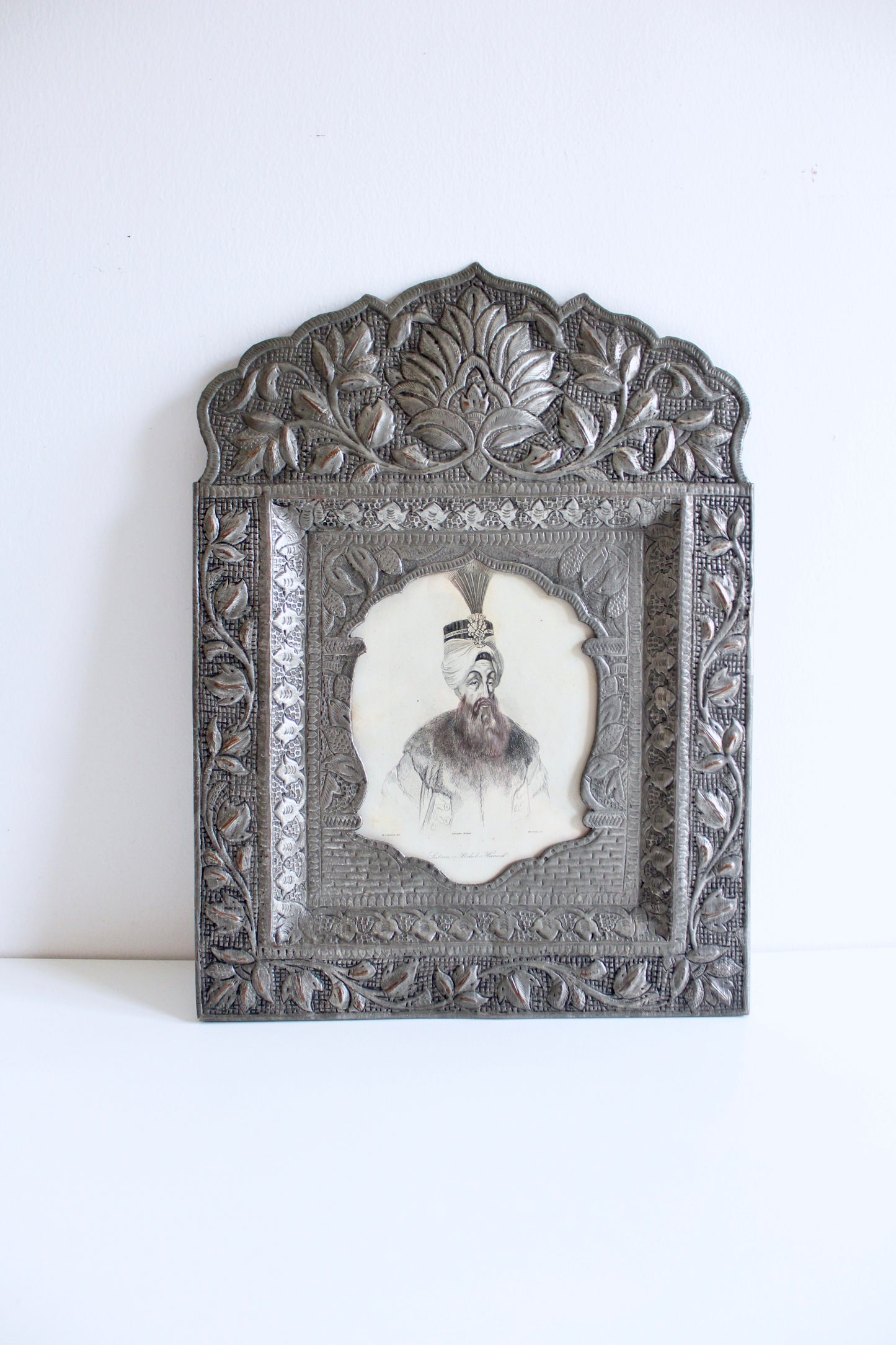 Antique c.1840 Engraved Portrait of Ottoman Sultan Abdülhamid I in Persian Silver-Plated Frame