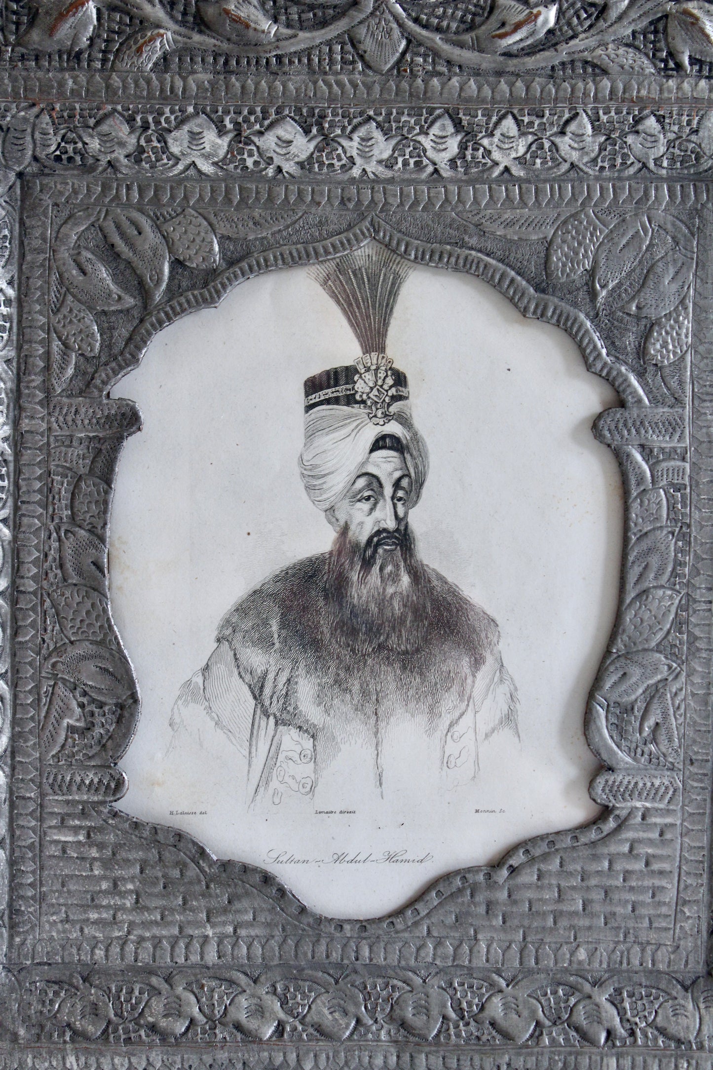 Antique c.1840 Engraved Portrait of Ottoman Sultan Abdülhamid I in Persian Silver-Plated Frame