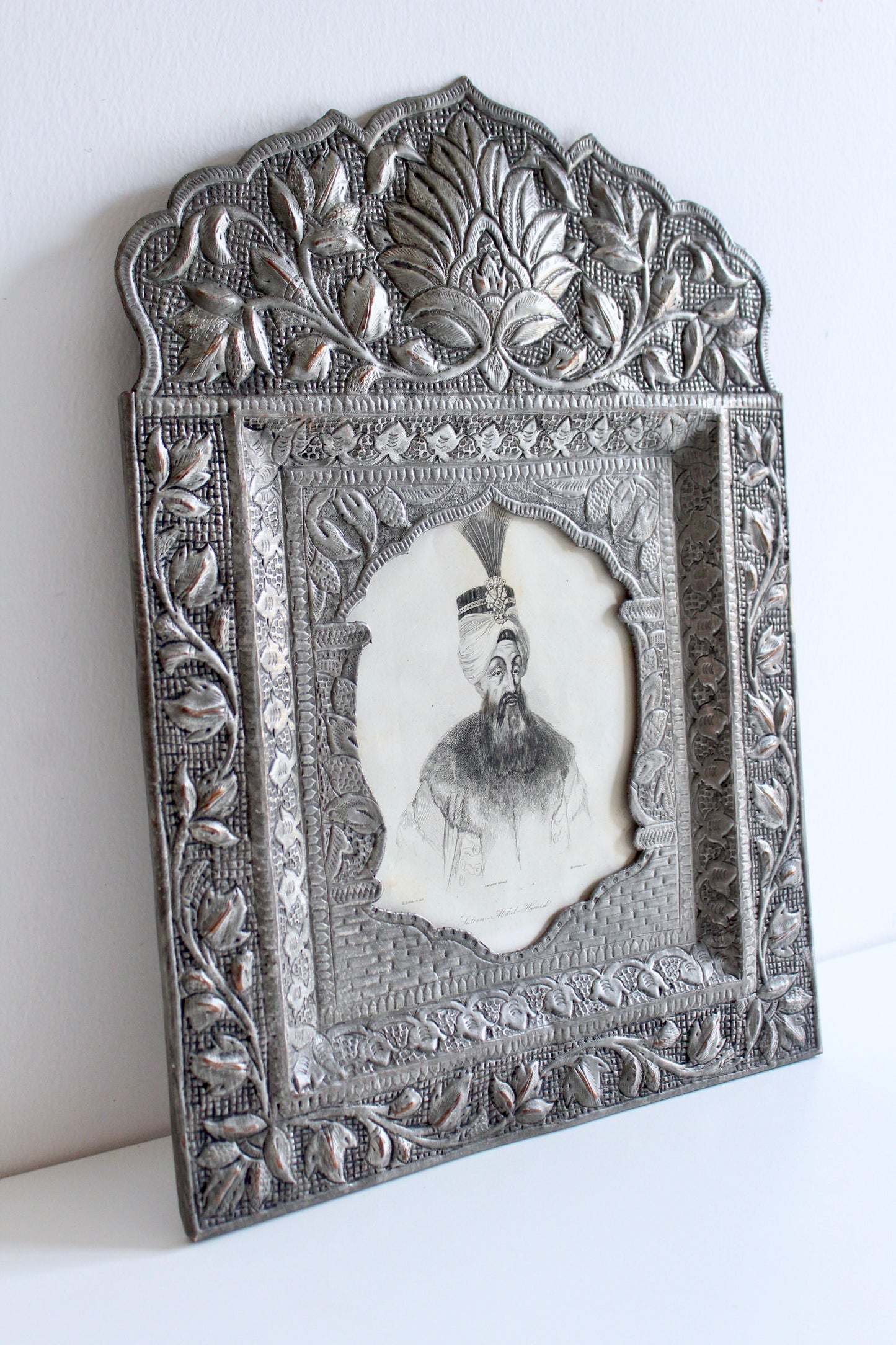 Antique c.1840 Engraved Portrait of Ottoman Sultan Abdülhamid I in Persian Silver-Plated Frame