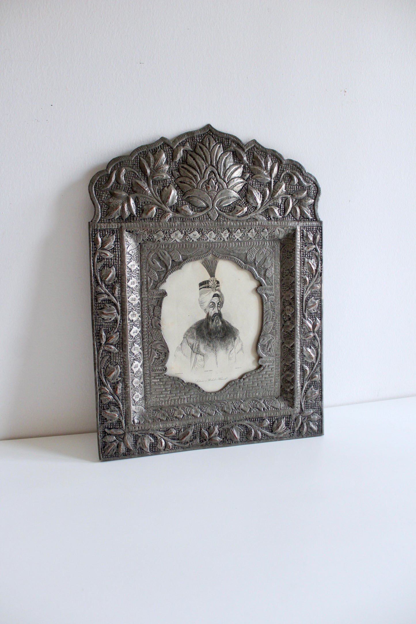 Antique c.1840 Engraved Portrait of Ottoman Sultan Abdülhamid I in Persian Silver-Plated Frame