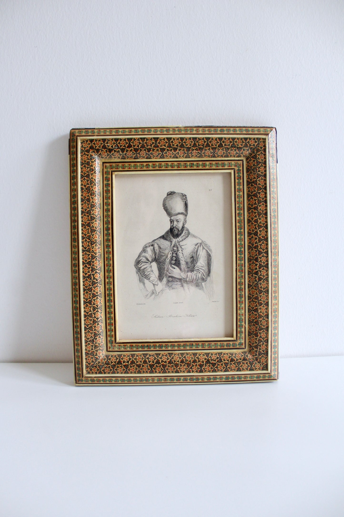 Antique c.1840 Engraving of Sultan Ibrahim Khan in Khatam Kari Frame