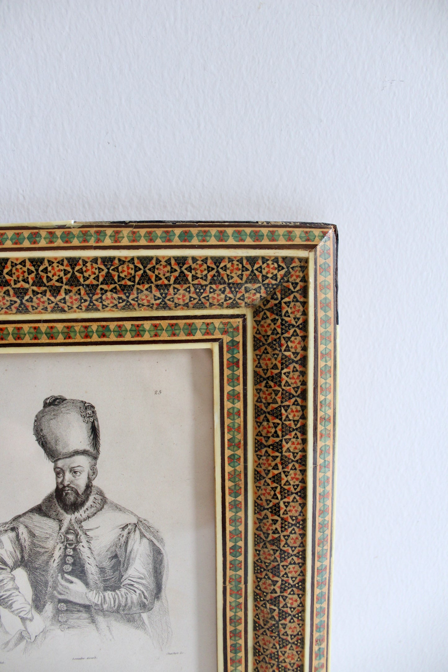 Antique c.1840 Engraving of Sultan Ibrahim Khan in Khatam Kari Frame