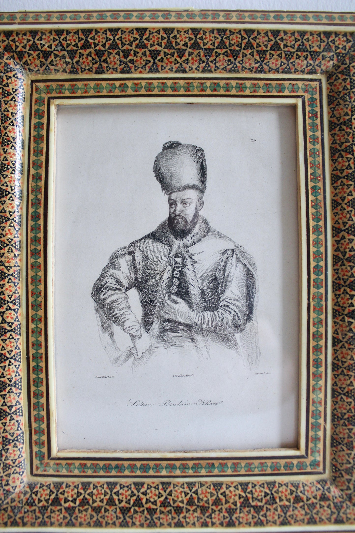 Antique c.1840 Engraving of Sultan Ibrahim Khan in Khatam Kari Frame