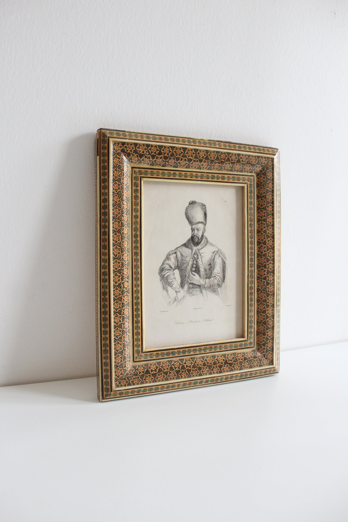 Antique c.1840 Engraving of Sultan Ibrahim Khan in Khatam Kari Frame