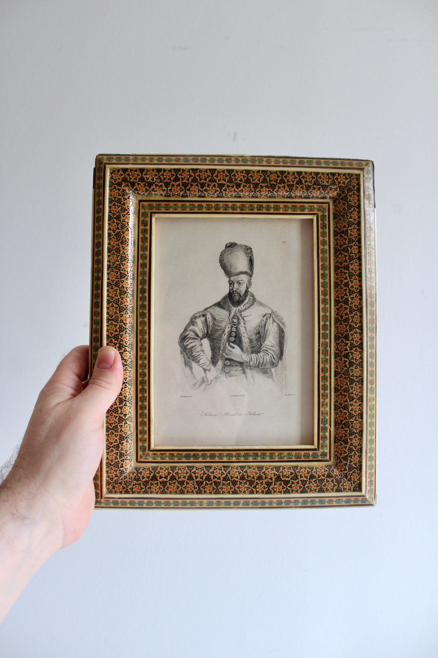 Antique c.1840 Engraving of Sultan Ibrahim Khan in Khatam Kari Frame