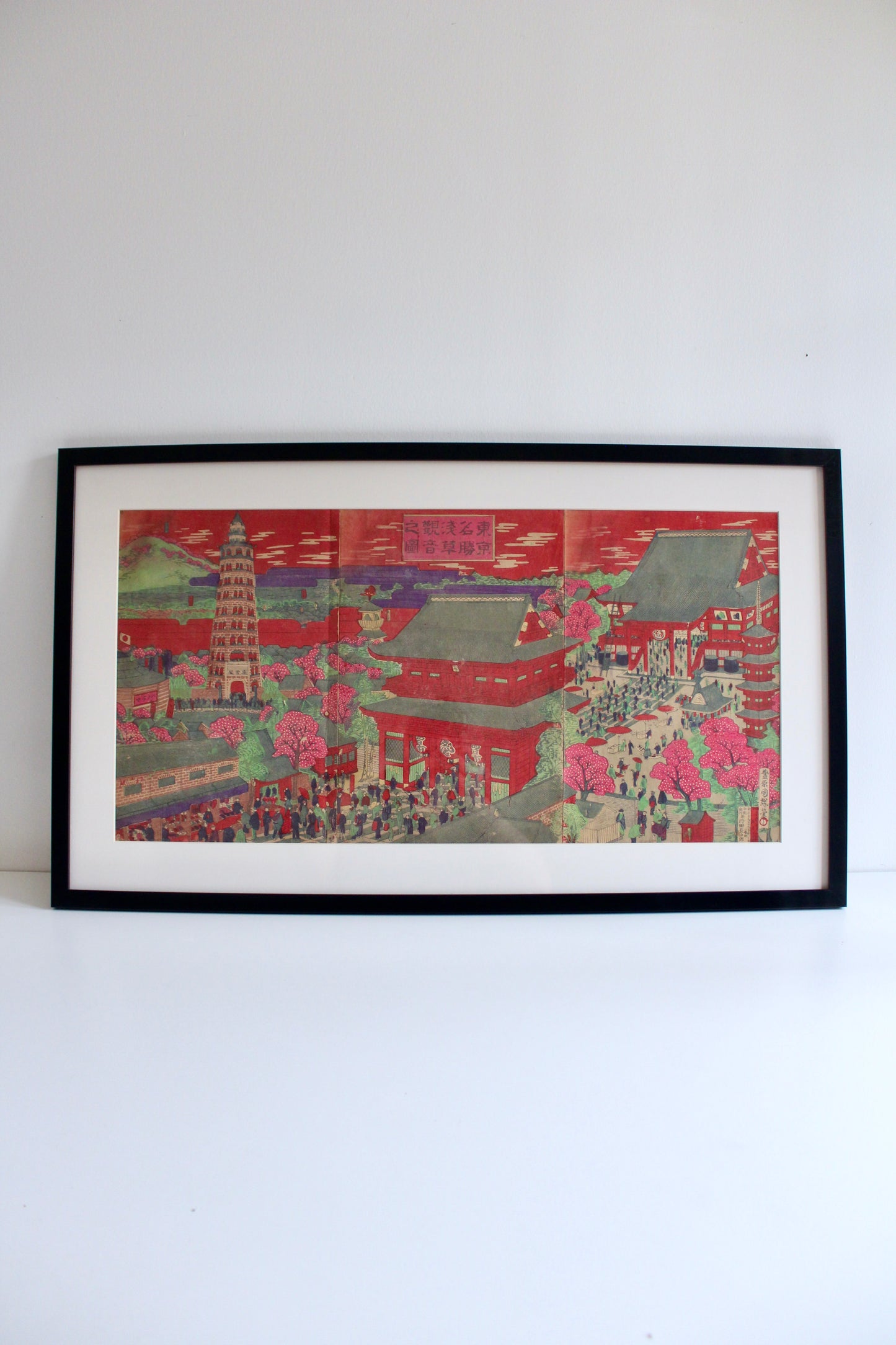 Antique Japanese Kuniteru Woodblock Print Triptych – Asakusa Temple, Tokyo, 1892 - On Hold