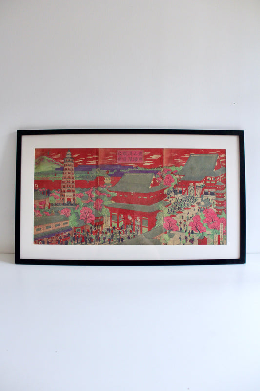 Antique Japanese Kuniteru Woodblock Print Triptych – Asakusa Temple, Tokyo, 1892 - On Hold