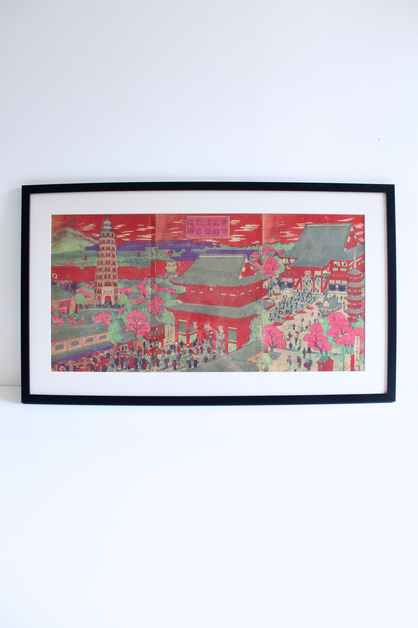 Antique Japanese Kuniteru Woodblock Print Triptych – Asakusa Temple, Tokyo, 1892 - On Hold
