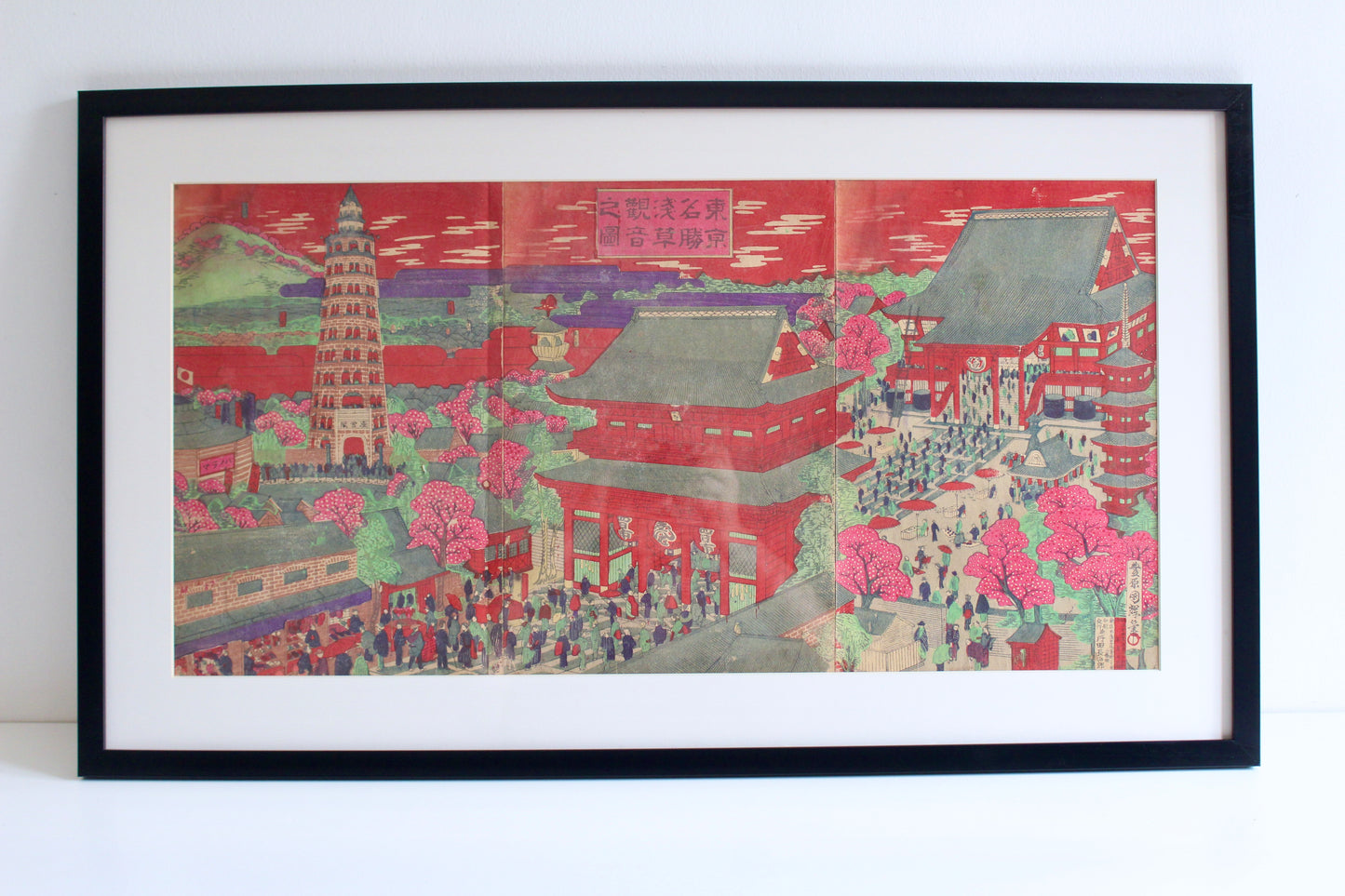 Antique Japanese Kuniteru Woodblock Print Triptych – Asakusa Temple, Tokyo, 1892 - On Hold