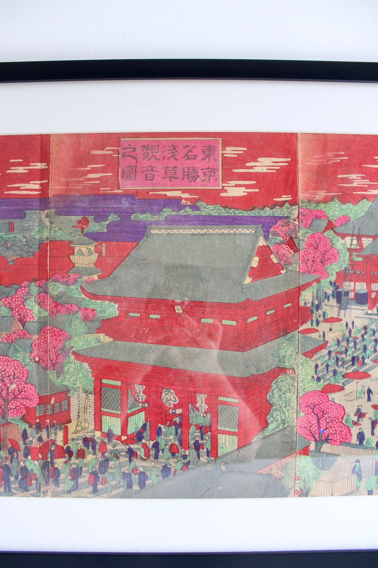 Antique Japanese Kuniteru Woodblock Print Triptych – Asakusa Temple, Tokyo, 1892 - On Hold